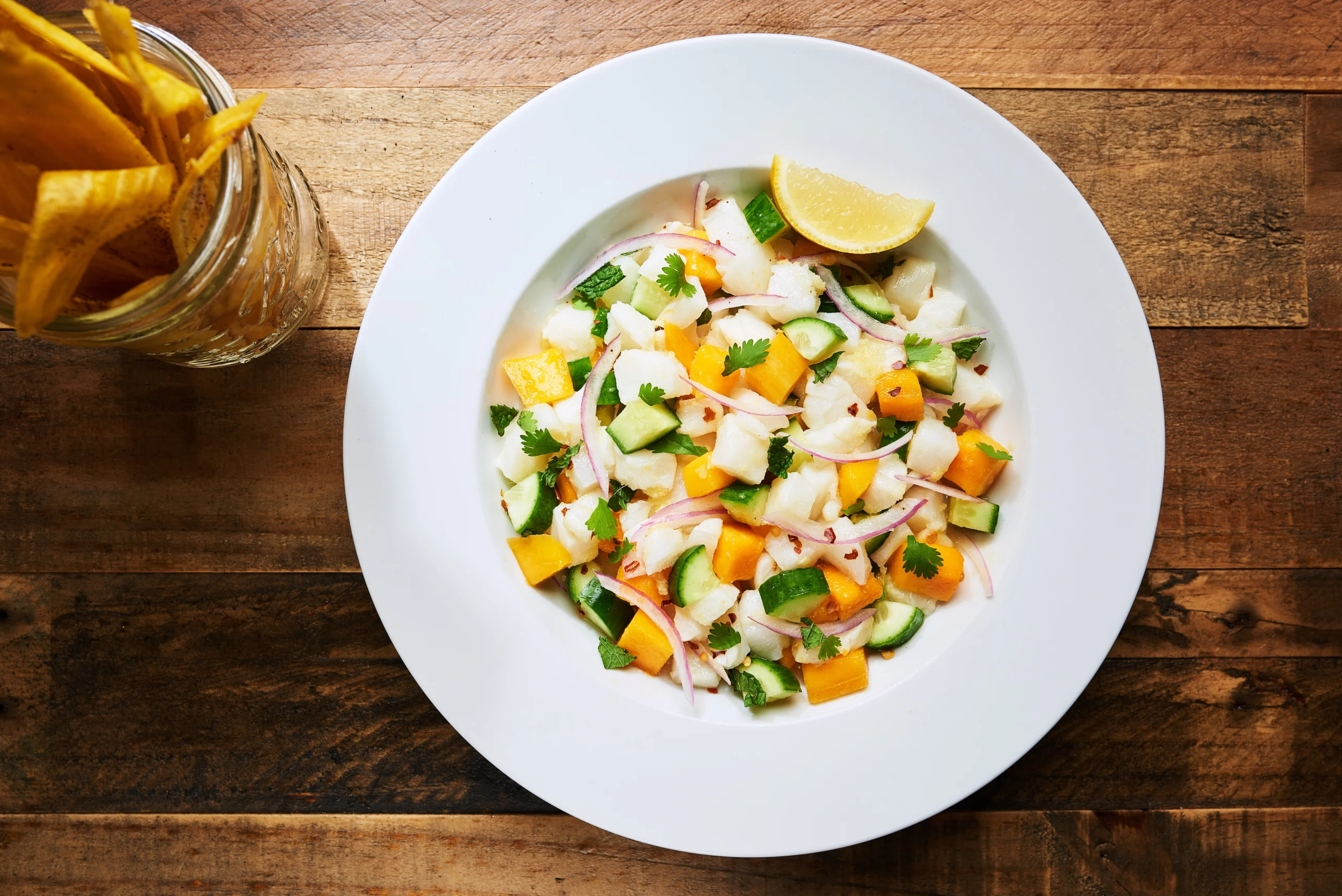 Sea Bass, Cucumber & Mango Ceviche with Plantain Chips